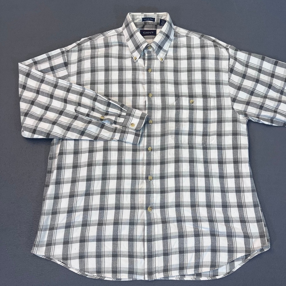 Gant Mens Cambridge Plaid Button Down Shirt Grey White Cotton Size L Long vtg